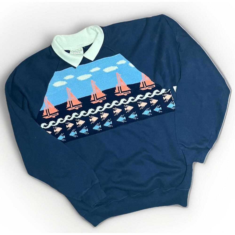 Vintage Up In The Air Sailboat Sweater Collared Large